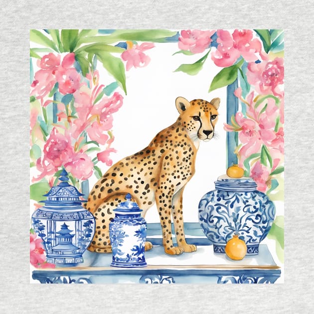 Preppy cheetah and chinoiserie jars watercolor by SophieClimaArt